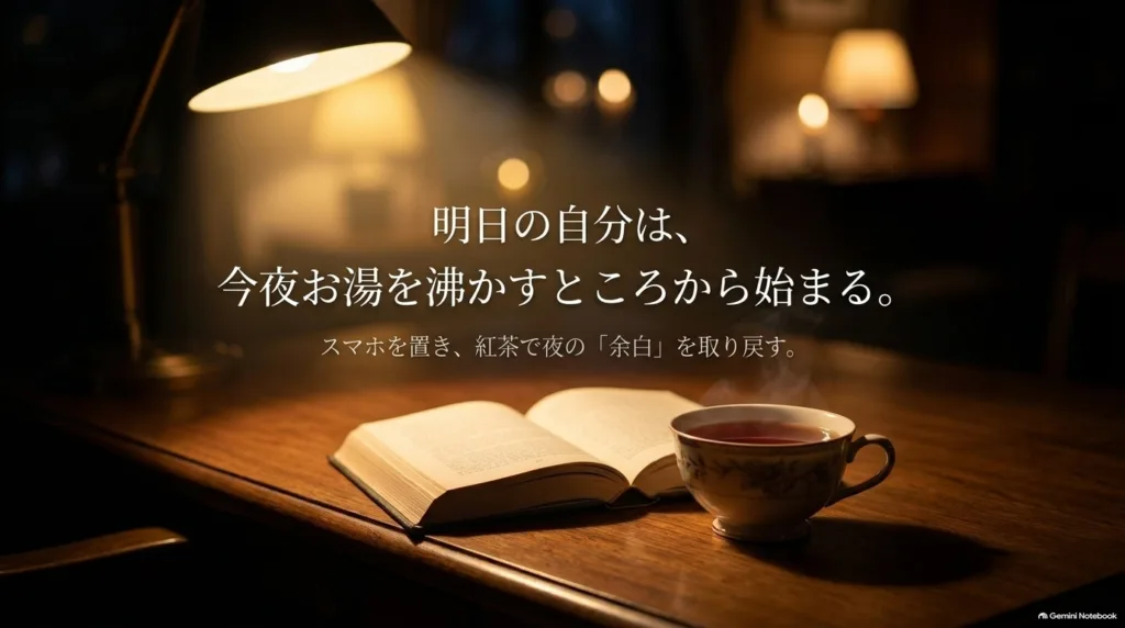 夜のデスクに置いた本と紅茶