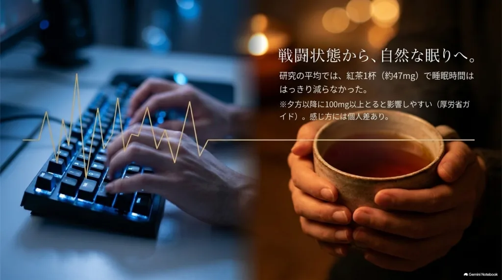 キーボードで働く手と、紅茶のカップを両手で包む手