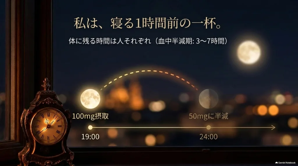 時計と月で、カフェインが体に残る時間を表したスライド