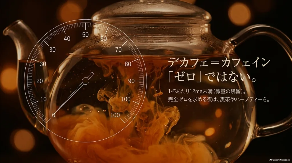 ガラスのティーポットに紅茶が広がる様子と、デカフェのカフェインの説明