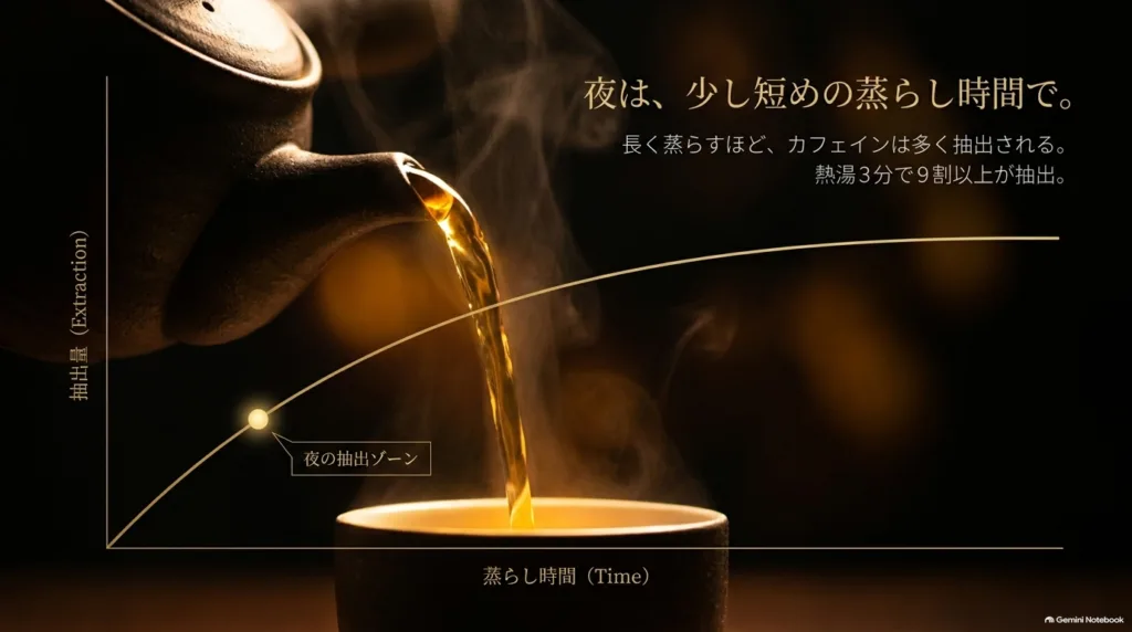 ティーポットから紅茶を注ぐ様子と、蒸らし時間とカフェインの図