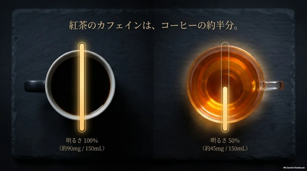 コーヒーと紅茶のカップを上から見た、カフェイン量の比較