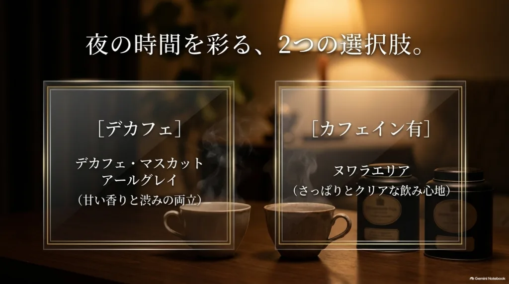 夜のテーブルに置いた2つのティーカップと紅茶の缶