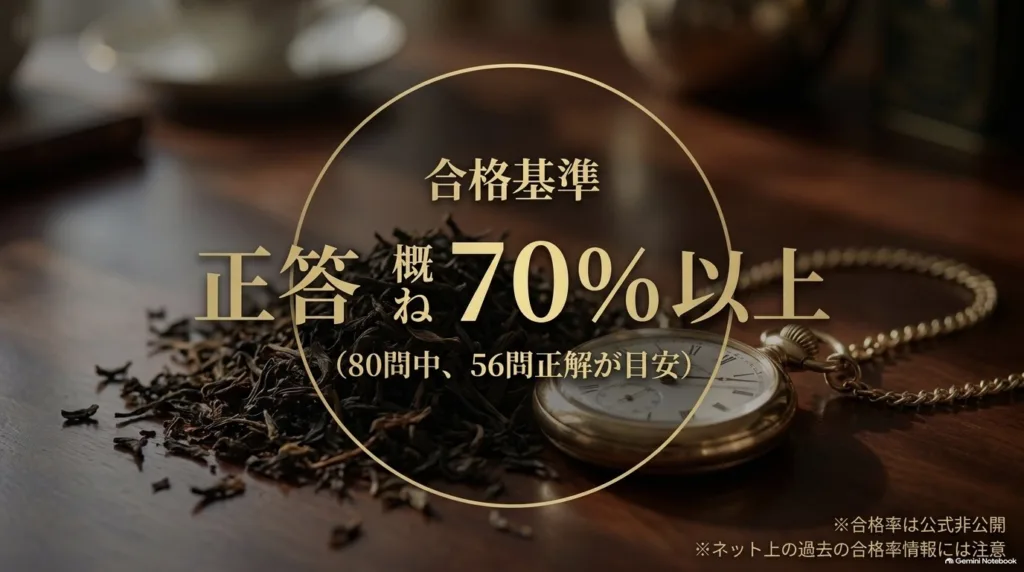 合格基準「概ね正答率70%以上(80問なら56問が目安)」のスライド