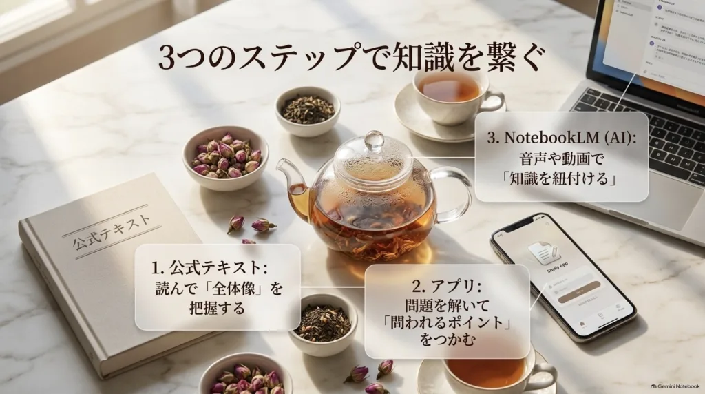 公式テキスト・アプリ・NotebookLMの3つで知識をつなぐスライド