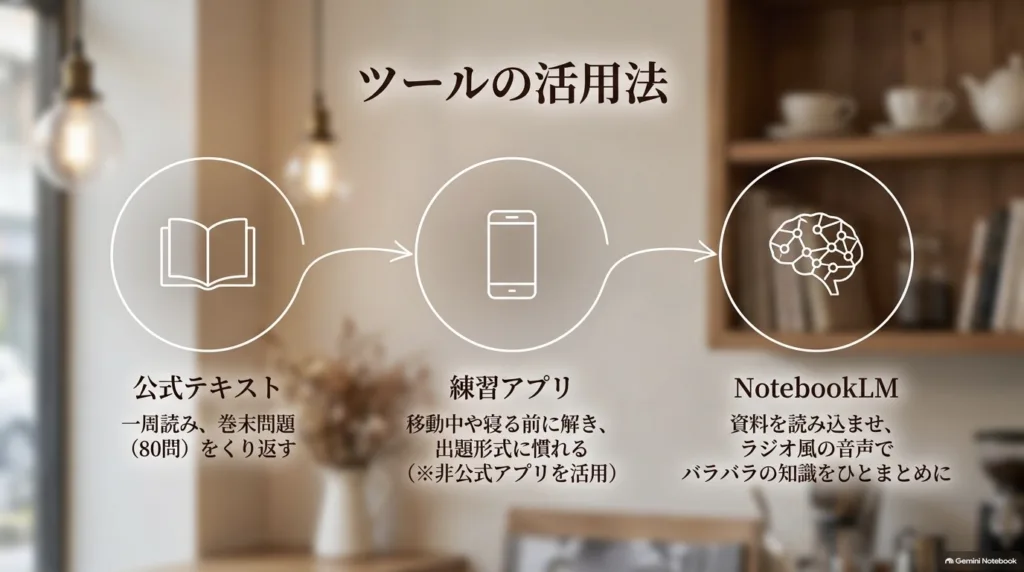 公式テキスト・練習アプリ・NotebookLMの使い方のスライド