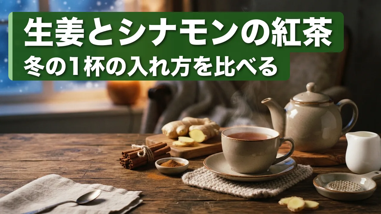 「生姜とシナモンの紅茶」の帯。雪の窓辺を背にした木の机に、湯気の立つカップの紅茶と陶器のポット、生姜、束ねたシナモンスティック、シナモンの粉の小皿、おろし器、ミルク入れ