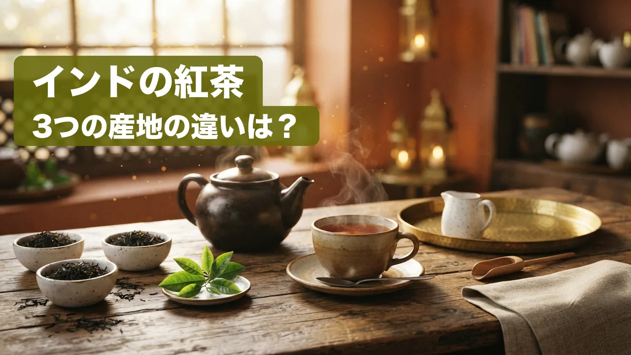 素朴な木のテーブルに、湯気の立つ紅茶のカップ、黒っぽいティーポット、茶葉を入れた白い小鉢3つ、生の茶葉、真ちゅうのお盆にのったミルク入れ、木のさじ、麻の布が並ぶ写真。