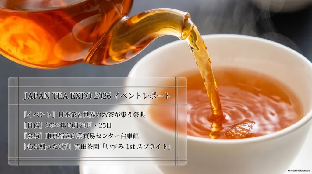 JAPAN TEA EXPO 2026 イベントレポート。2026年10月24日・25日、東京都立産業貿易センター台東館。心に残った1杯は吉田茶園「いずみ 1st スプライト」