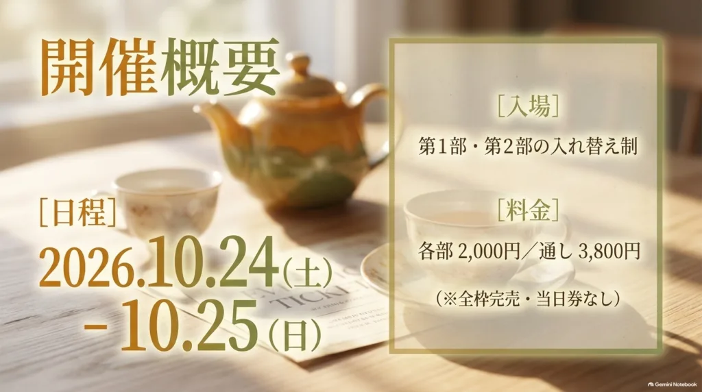 開催概要。2026年10月24日（土）・25日（日）、第1部・第2部の入れ替え制、各部2,000円・通し3,800円、全枠完売・当日券なし