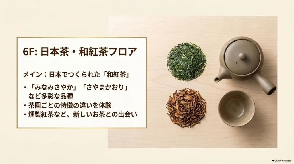 6階の日本茶・和紅茶フロア。みなみさやか・さやまかおりなどの品種や燻製紅茶