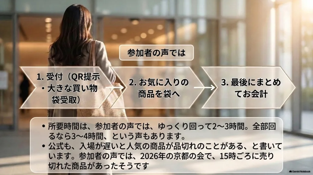 参加者の声による、受付から会計までの流れと所要時間をまとめたスライド
