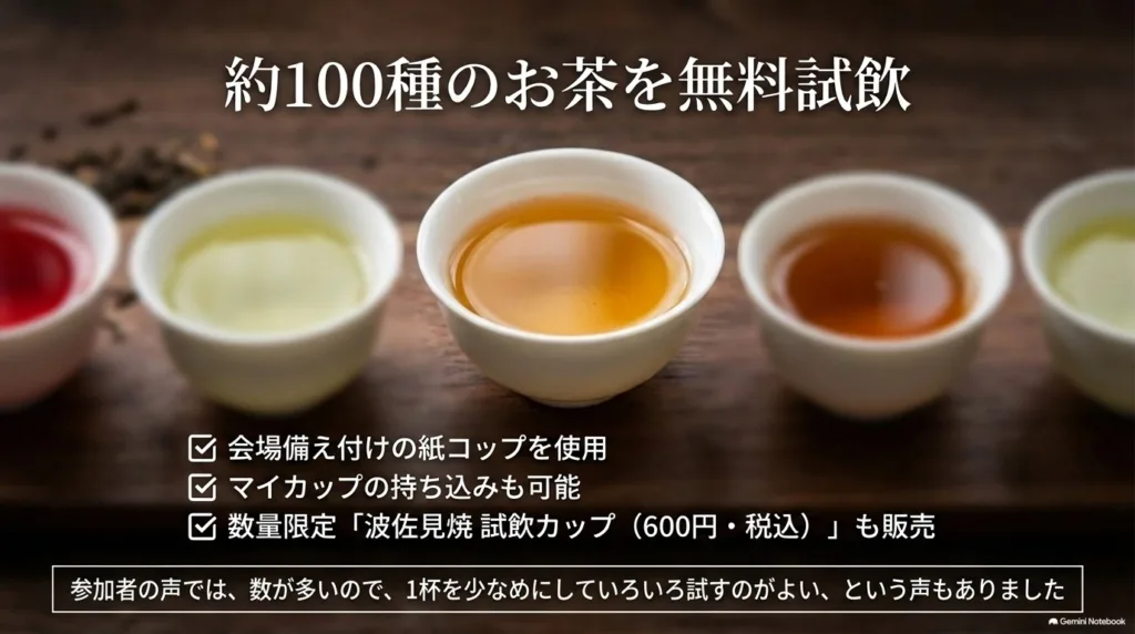 約100種のお茶の無料試飲と、紙コップ・マイカップをまとめたスライド