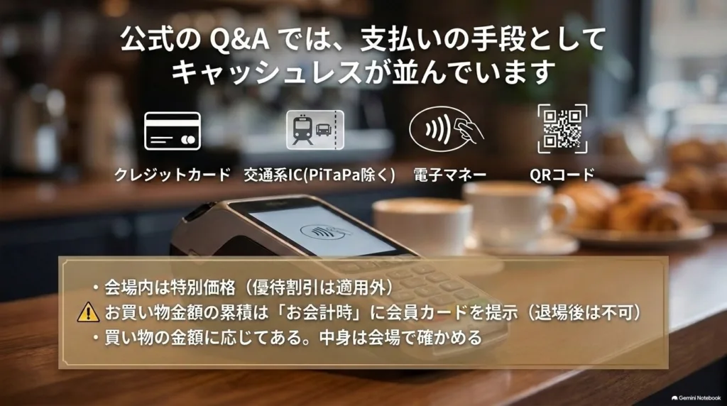 公式の Q&A に並ぶキャッシュレスの支払いの手段と、特別価格・累積の注意をまとめたスライド