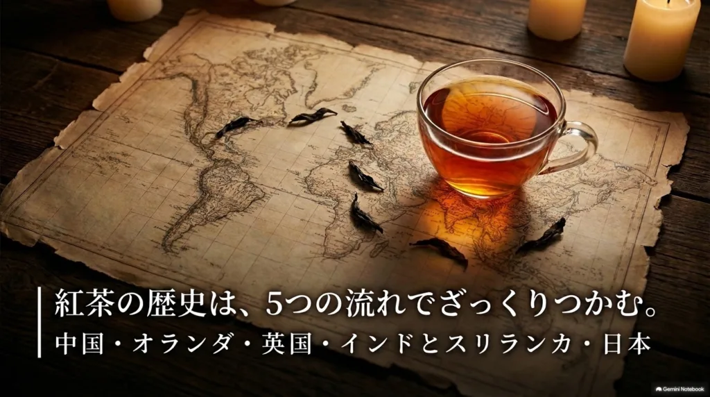 紅茶の歴史を中国・オランダ・英国・インドとスリランカ・日本の5つの流れでつかむスライド