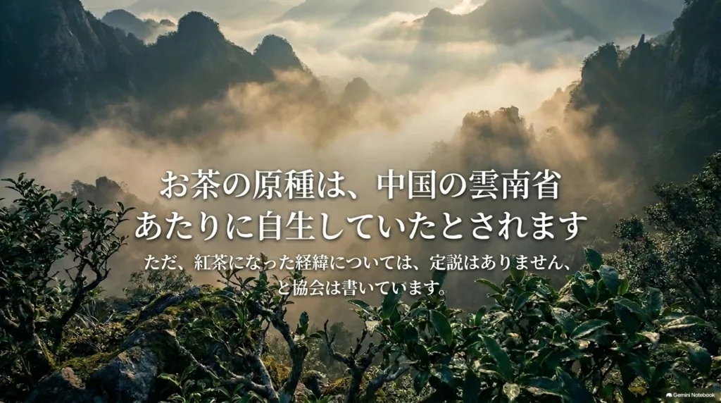 お茶の原種は中国の雲南省あたりに自生していたとされることをまとめたスライド