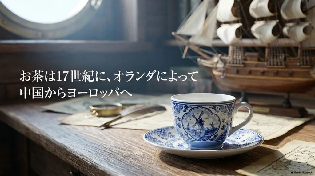 お茶が17世紀にオランダによって中国からヨーロッパへ伝わったことをまとめたスライド