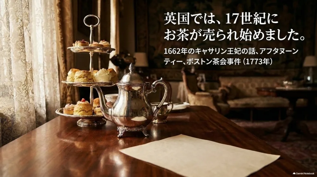 英国で17世紀にお茶が売られ始めたことと、キャサリン王妃・アフタヌーンティー・ボストン茶会事件をまとめたスライド