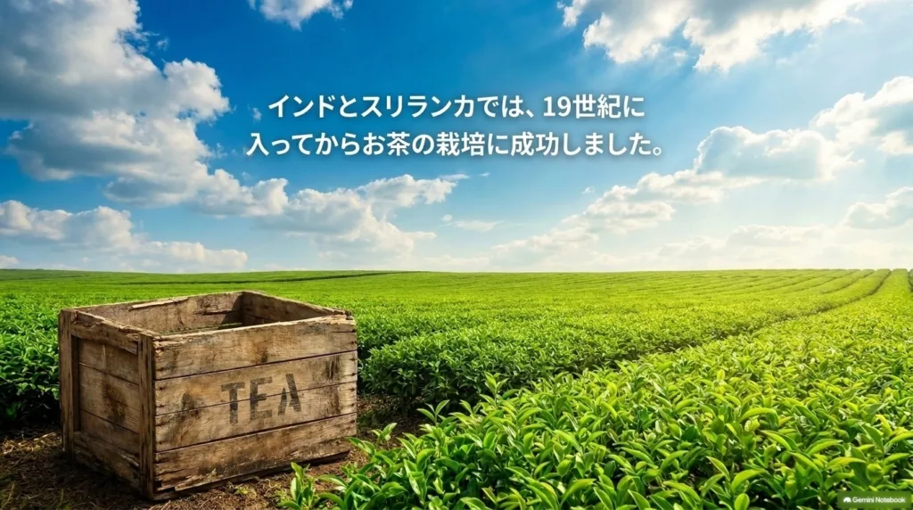 インドとスリランカで19世紀に入ってからお茶の栽培に成功したことをまとめたスライド