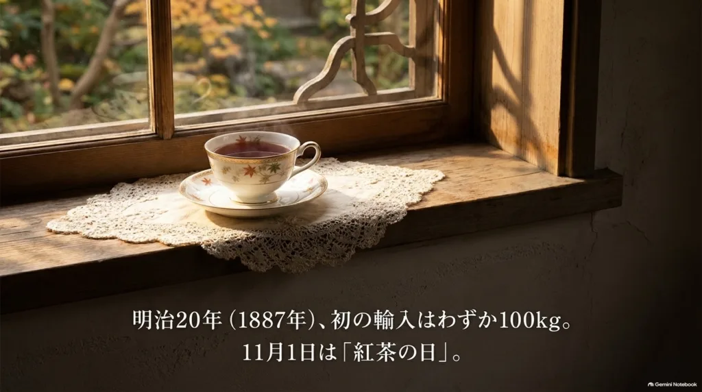 明治20年（1887年）の紅茶の初の輸入と、11月1日の紅茶の日をまとめたスライド