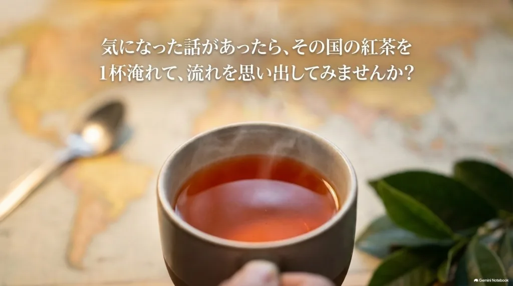 その国の紅茶を1杯淹れて流れを思い出すことを呼びかけるまとめのスライド