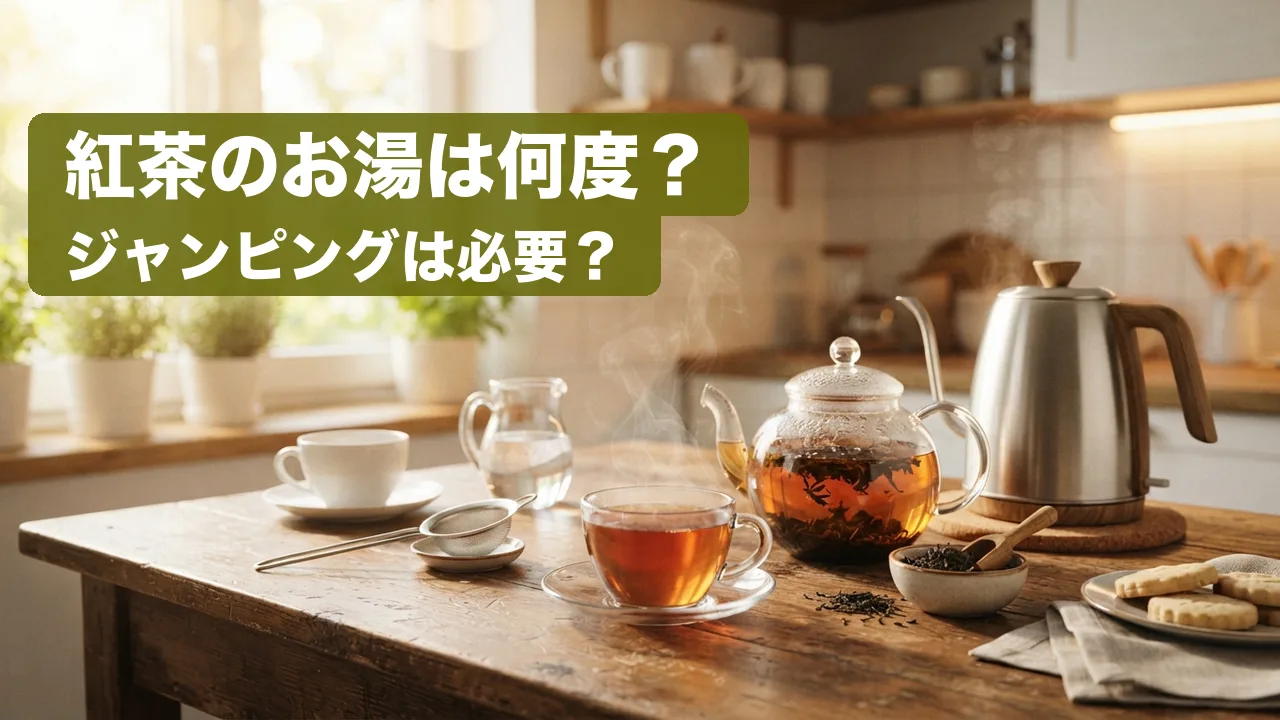 木の机に湯気の立つ紅茶のガラスのカップと、茶葉が舞うガラスのティーポット、首の細いステンレスのやかんがあり、茶葉の小皿と木の茶さじ、茶こし、水差し、白いカップ、ショートブレッドが並び、奥に明るい台所の窓と鉢植え、白いタイルの壁と棚が見える写真。